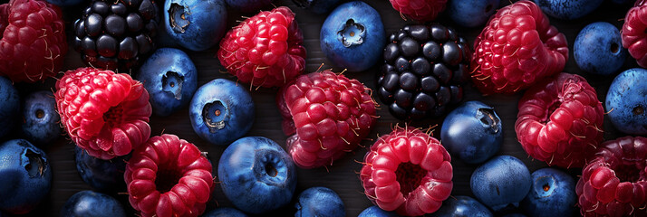 Fresh assortment of vibrant berries including blueberries, raspberries, and blackberries on a dark wooden background, perfect for web banner and marketing design