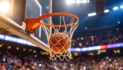 Basketball going through hoop in stadium