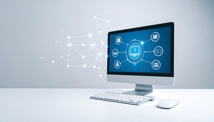 Modern computer with network graphic overlay