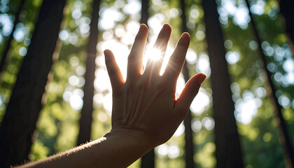 Hand Reaching for Sunlight Streaming Through Forest Canopy, Hope and Serenity