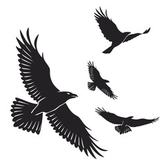 Silhouette illustration of four eagles soaring in different poses against a white background design element created with generated ai