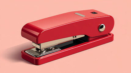 Red stapler on paper office supply tool for binding sheets together in business workplace stationery. staple bind. Illustration