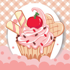 Cartoon vector illustrations of cupcakes with seamless pattern. Sweets for birthday party. Sweet dessert food and birthday yummy cupcake