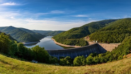 scenic river valley overlooked by forested hills and curving reservoir wall