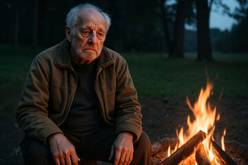 Elderly man sitting by a campfire looking pensive in the forest  