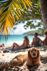 Golden retriever relaxing on sandy beach under palm tree, with blurred figures enjoying sun in background, capturing a serene summer atmosphere