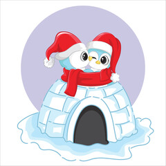 Cute penguins couple illustrated in igloo