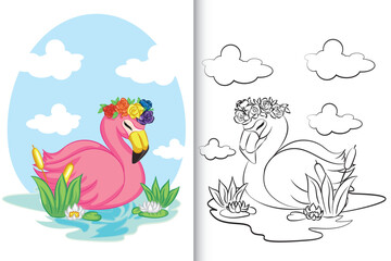Obraz premium Flamingo swimming on the lake for coloring book, coloring page.