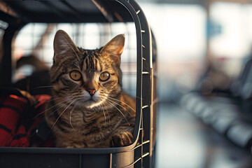 Domestic tabby cat resting inside a pet carrier, showcasing its curious expression in a bright and airy indoor environment with blurred background