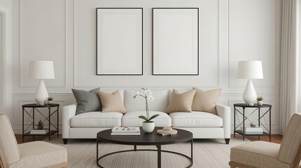 Fototapeta premium Symmetrical interior of a bright, elegant living room with a white sofa and two blank vertical picture frame mockups on a paneled wall.