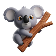 Cute cartoon koala character holding a wooden branch isolated on transparent background