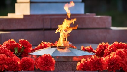 eternal flame burning in memorial surrounded by red carnations