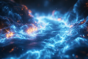 Electric plasma storm with glowing blue flow. Sci-fi energy field in abstract cosmic environment for futuristic visuals.