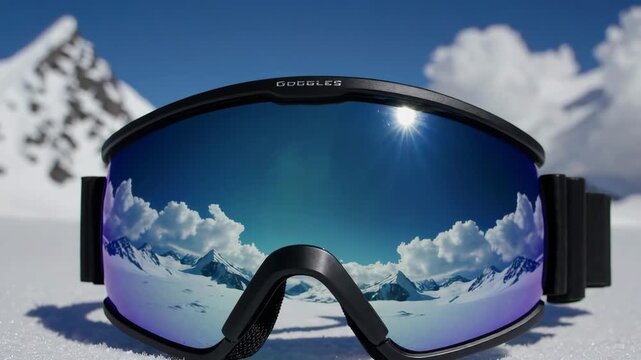 Panoramic reflection of snowcapped mountains on ski goggles capturing alpine adventure