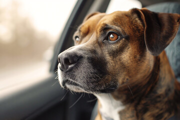 Dog with brown and white fur gazes out of car window, capturing a moment of curiosity and adventure during a road trip journey