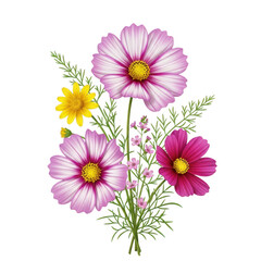 A beautiful bouquet of pink and yellow cosmos flowers with green foliage isolated on transparent background