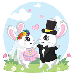 loving couple. Decorative greeting card with bunnies. Valentines day card.