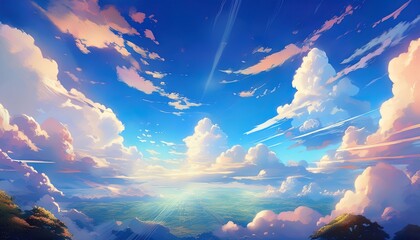 vibrant animeinspired dreamscape majestic blue sky backdrop enriched with dramatic clouds illuminated by soft sunlight reflecting a world of fantasy and intrigue