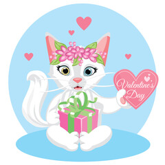 Cute white cat with heart. Happy Valentine s Day vector illustration