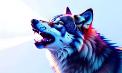 Colorful Wolf Howling: Majestic Canine Artwork Against a Light Blue Sky