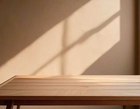 wooden table mockup on stucco background with window shadow on the wall beige earthy color tones