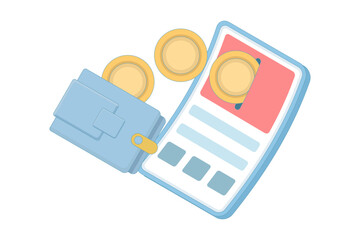 The concept of electronic payments, cashless payments, points collection, and reward earning is a loyalty program. Coins come out of a smartphone. A flat design in the background.