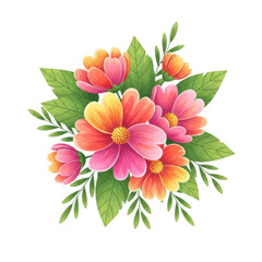 Vibrant bouquet of pink orange and yellow daisy like flowers with green leaves isolated on transparent background