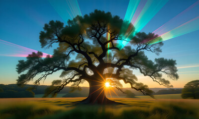 Majestic tree basking in the sunlight with colorful light beams.