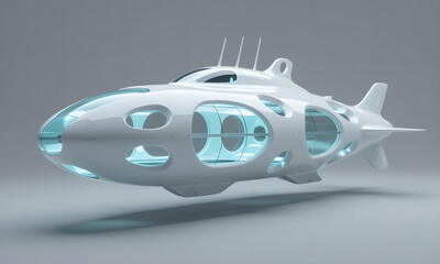 Futuristic White Submarine 3D Render on Gray Background, Exploration Concept