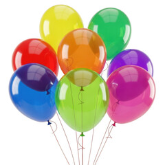 A cluster of colorful translucent balloons floating together isolated on transparent background