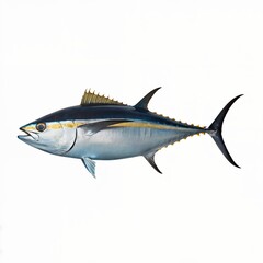  A photo of a yellowfin tuna fish swimming in the ocean. The tuna has a streamlined body, sharp fins