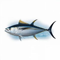  A photo of a yellowfin tuna fish swimming in the ocean. The tuna has a streamlined body, sharp fins
