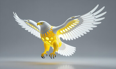 Stylized White and Yellow Eagle Flying on a Neutral Background