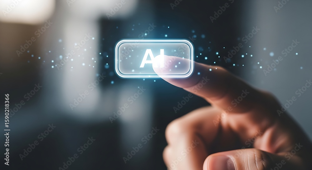 Poster finger touching an ai button with glowing lights signifying artificial intelligence technology use