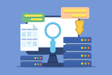Data Entry or Database Administrator Concepts. Storing and managing data. Designing, reviewing, and maintaining data. Repairing databases. Entering and updating data into tables. Flat illustration.
