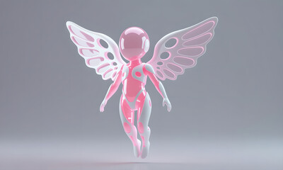 Pink Angel Robot Floating on Gray Background, High Tech Conceptual Art