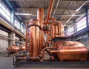 large industrial machine with copper piping in factory interior