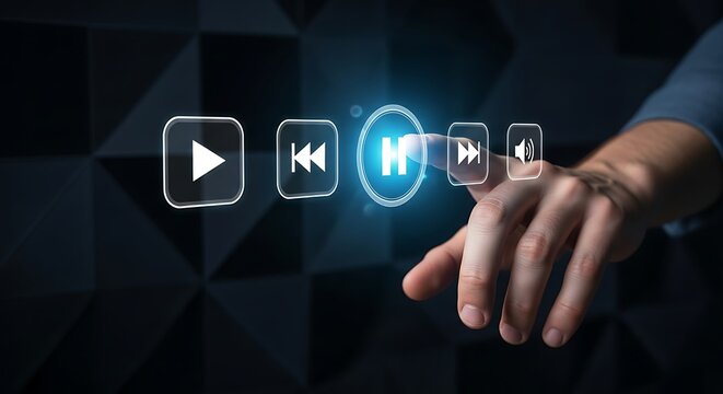 A hand presses a glowing pause button among other media control icons on a dark background design
