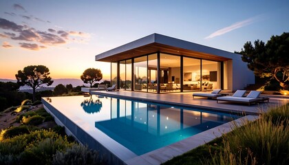 Fototapeta premium Modern house with infinity pool at sunset