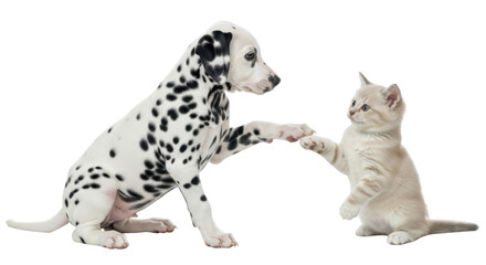 Isolated Dalmatian Puppy and Kitten Paw Bump