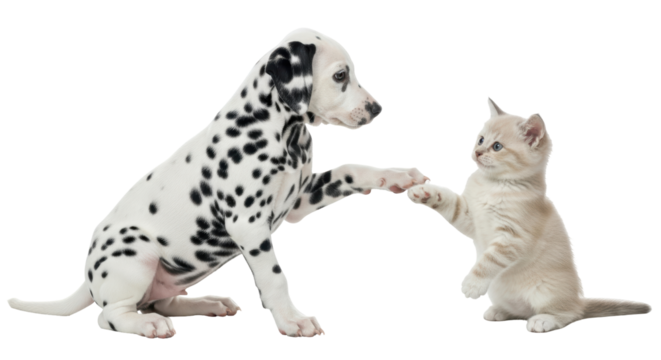 Isolated Dalmatian Puppy and Kitten Paw Bump