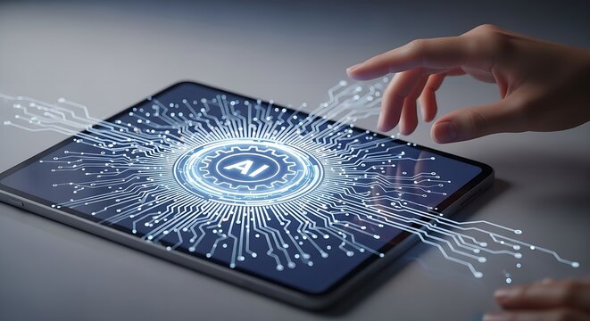 Hand interacting with ai interface on tablet displaying digital circuit board design with gear icon