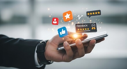A hand holding a smartphone with feedback and rating icons floating above it in a digital display