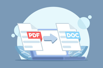 Concept of converting a PDF file to a document. PDF conversion. PDF to JPG converter. Screenshot showing the process of converting a document to another format. Flat design illustration with backgroun