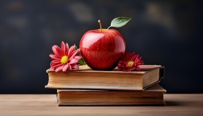 red apple and flower on vintage books with dark background