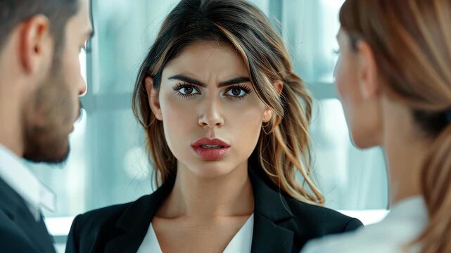 Professional Conflict: The intensity of professional conflict is captured in a shot of a serious woman caught in the crossfire of a tense discussion between two individuals in an office setting.