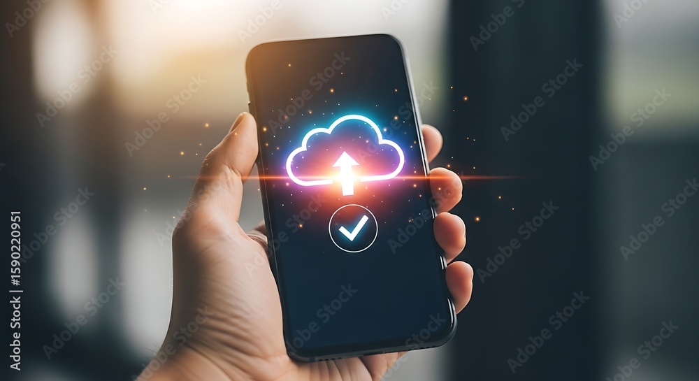 Poster a hand holding a smartphone displaying a cloud upload icon with a checkmark on the screen
