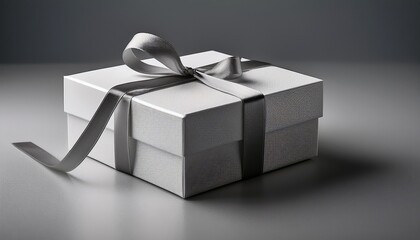 mockup of a gift box with a ribbon pull tab presented on a grey surface for branding or packaging design use