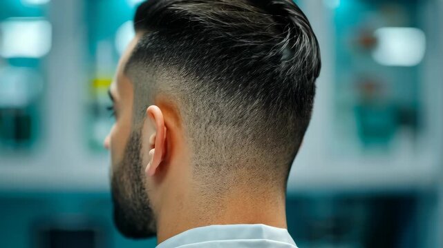 Perfect Haircut: A detailed view of a person's haircut, focusing on the stylish gradient fade cut, emphasizing grooming.
