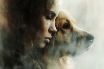 Young girl with long hair gently resting her head against a golden retriever, showcasing a deep bond and emotional connection through a soft, dreamy atmosphere